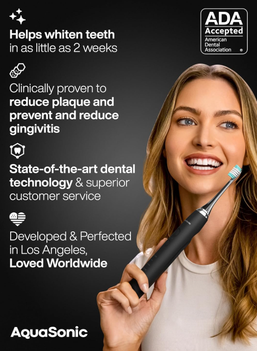 Aquasonic Black Series Ultra Whitening Toothbrush - ADA Approved Electric Toothbrush - 8 Brush Heads and Travel Box - 40,000 VPM Electric Motor and Wireless Charging - 4 Modes with Smart Timer