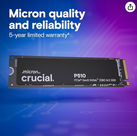 Crucial P510 1TB Gen5 NVMe SSD,高达 11,000 MB/s,PCIe 5.0 M.2 2280 SSD,内置固态硬盘,兼容笔记本电脑、台式机、+Acronis 软件 - CT1000P51 0SSD8-0 SSD 1