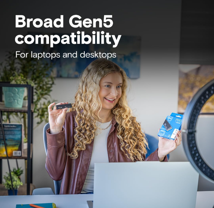 Crucial P510 1TB Gen5 NVMe SSD,高达 11,000 MB/s,PCIe 5.0 M.2 2280 SSD,内置固态硬盘,兼容笔记本电脑、台式机、+Acronis 软件 - CT1000P51 0SSD8-0 SSD 1