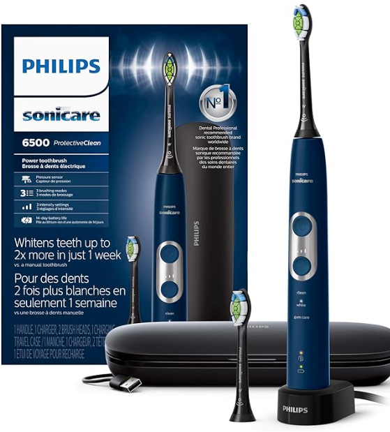 Philips Sonicare ProtectiveClean 6500 rechargeable electric toothbrush, with pressure sensor, 3 cleaning modes, SmarTimer and QuadPacer, 14-day battery life, charging case, navy blue, HX6462 /07