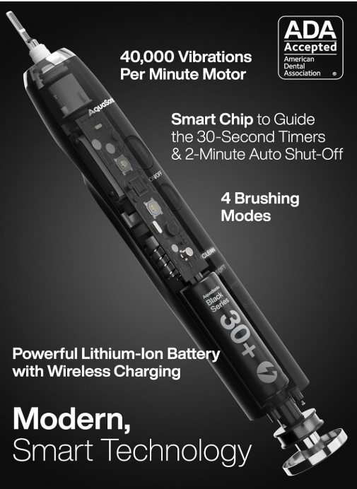 Aquasonic Black Series Ultra Whitening Toothbrush - ADA Approved Electric Toothbrush - 8 Brush Heads and Travel Box - 40,000 VPM Electric Motor and Wireless Charging - 4 Modes with Smart Timer