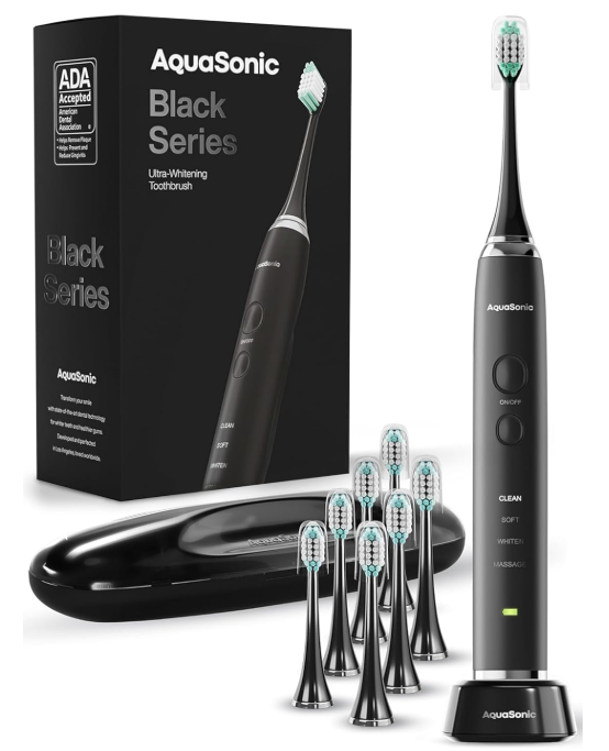Aquasonic Black Series Ultra Whitening Toothbrush - ADA Approved Electric Toothbrush - 8 Brush Heads and Travel Box - 40,000 VPM Electric Motor and Wireless Charging - 4 Modes with Smart Timer