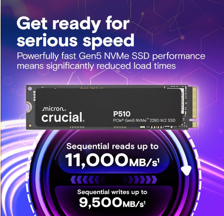Crucial P510 1TB Gen5 NVMe SSD,高达 11,000 MB/s,PCIe 5.0 M.2 2280 SSD,内置固态硬盘,兼容笔记本电脑、台式机、+Acronis 软件 - CT1000P51 0SSD8-0 SSD 1