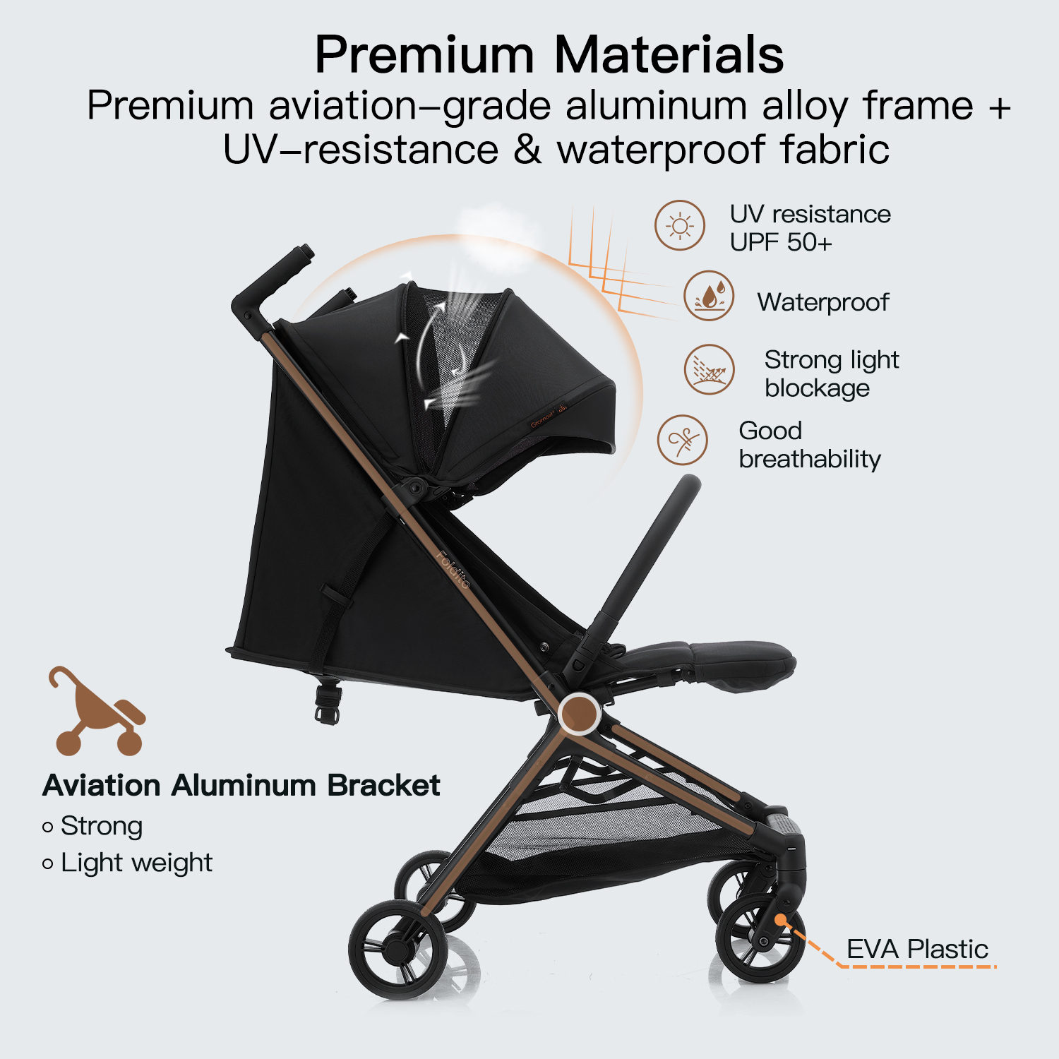 Gromast F2-Foldito Lightweight Stroller with Cabin-Size UPF 50+ Canopy