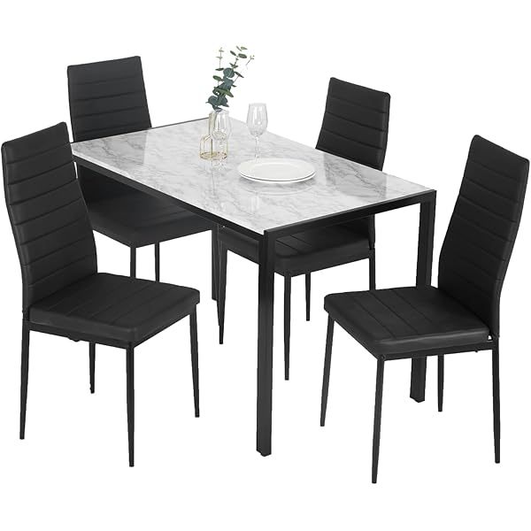 Dining Table Set Glass Dining Room Table Set  Home Furniture Rectangular Modern (Black Glass)