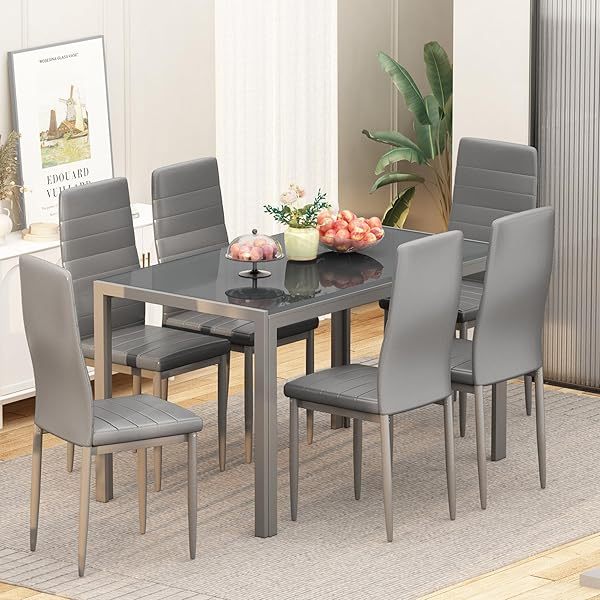 Comedor moderno de 7 piezas para 6 personas, mesa de vidrio templado y sillas de cuero sintético