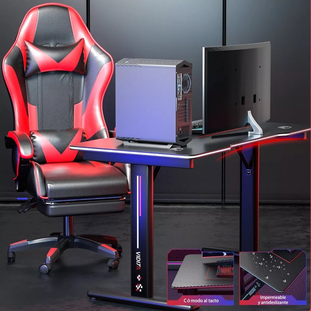 Set Silla Gamer Con Reposapiés y Escritorio Gamer T-RGB 120cm Negro