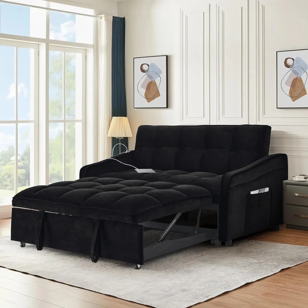 Sofá cama 3 en 1 con puerto USB y tipo C, sofá de dos plazas de 52" con cama extraíble