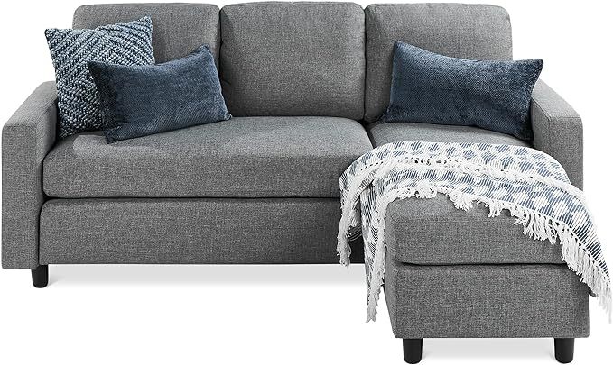 Best Choice Products Sofá seccional tapizado para el hogar, departamento, recámara, habitación adicional, espacios compactos con tumbona, 3 asientos, diseño en forma de L, banco otomano reversible
