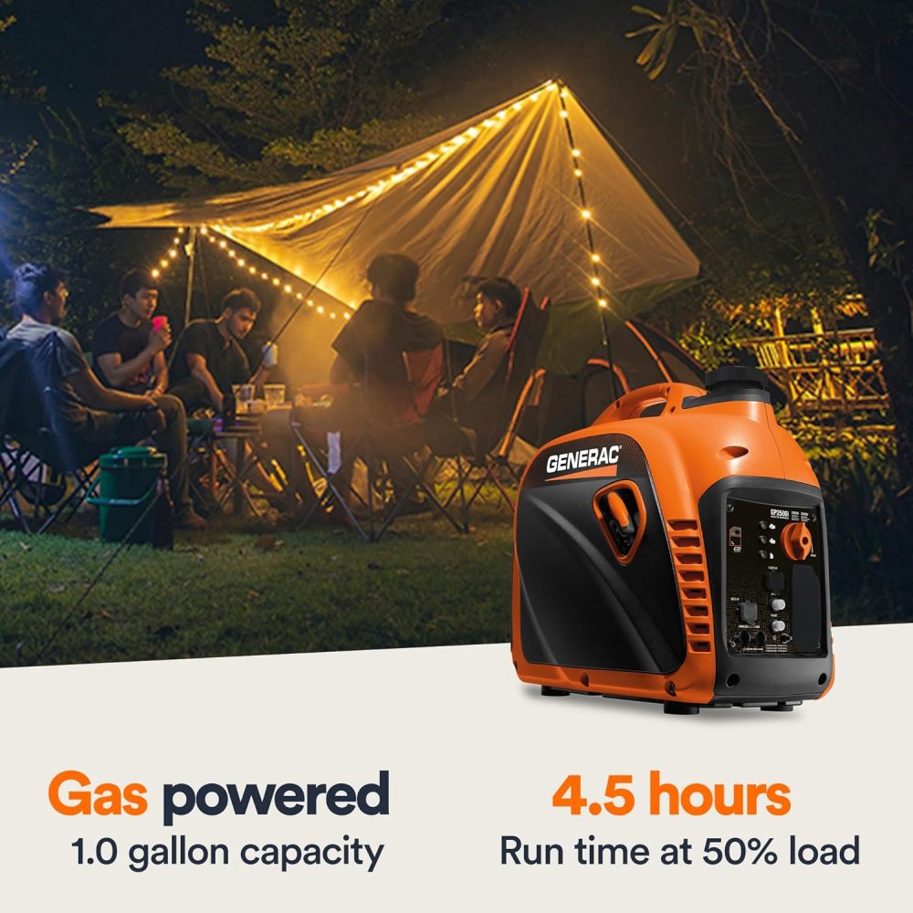 GP2500i Generador inversor portátil de 2.500 vatios de gas, diseño compacto y ligero con capacidad paralela, produce energía limpia y estable, compatible con CARB, naranja/negro