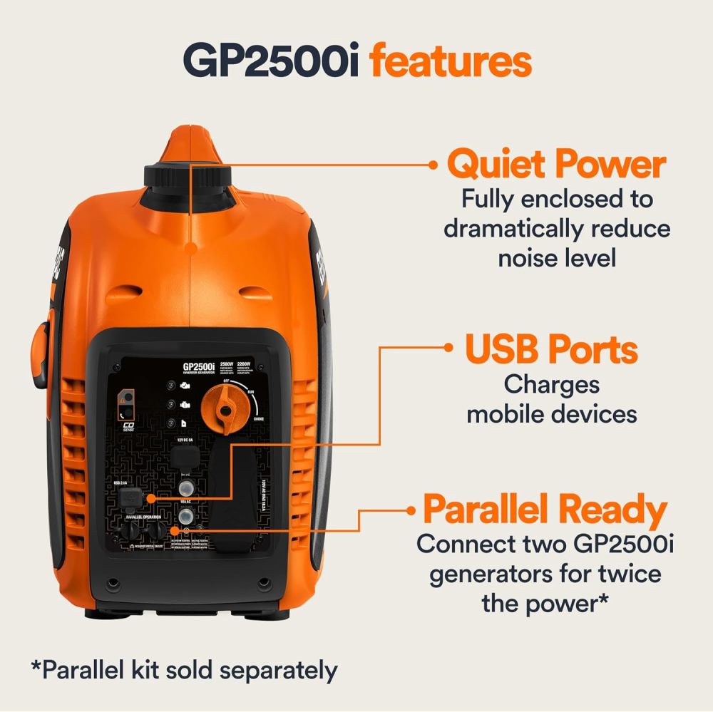 GP2500i Generador inversor portátil de 2.500 vatios de gas, diseño compacto y ligero con capacidad paralela, produce energía limpia y estable, compatible con CARB, naranja/negro