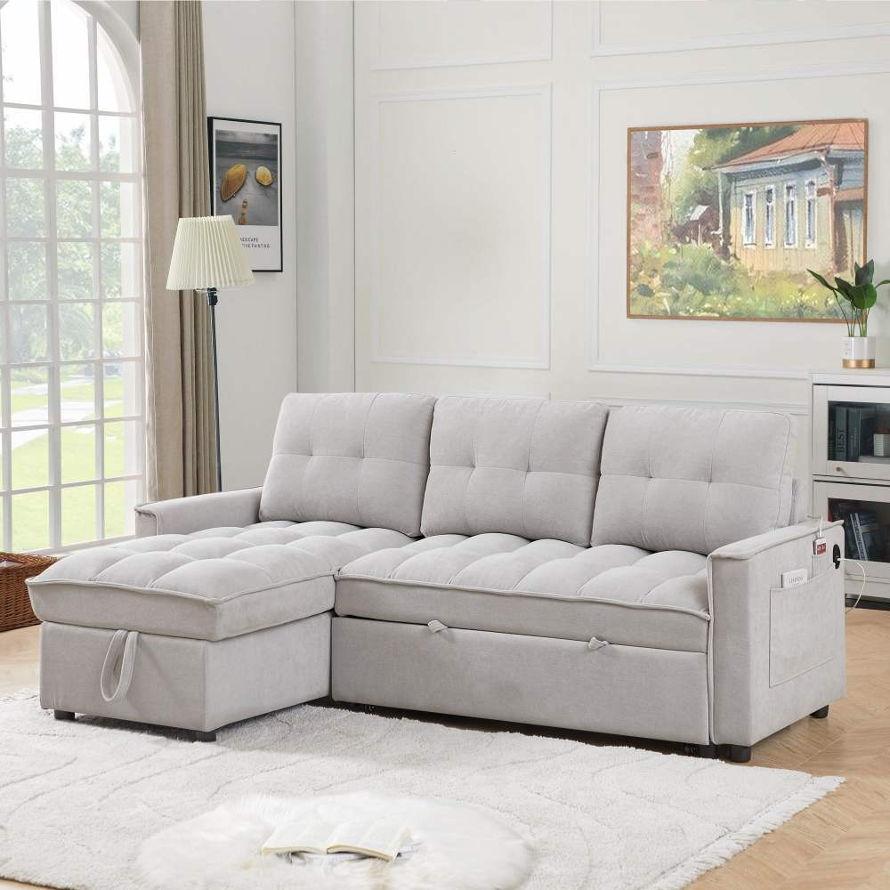 Sofá cama convertible, sofá cama seccional con chaise longue con espacio de almacenaje, sofá en forma de L para sala de estar, chenilla gris claro