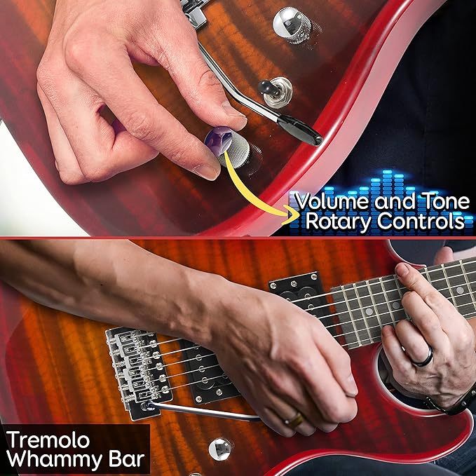 Guitarra Eléctrica con Amplificador, Madera Maciza, Incluye Accesorios Ideal para Principiantes, Tamaño Completo, Humbucker, 3 Vías, Rojo Madera