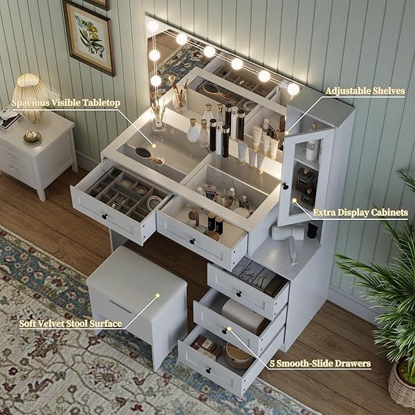 Espejo estilo granja, tocador grande con bombillas LED, juego de tocador para maquillaje