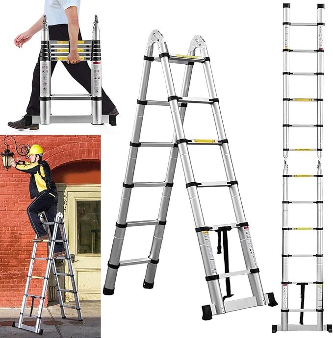 Escalera Telescopica De Aluminio 3.8M Escalera De Tijera A Marco 12.5 Pies Escalera Multiposición Retractil Portátil con Barra Estabilizadora, 330 Lbs De Capacidad