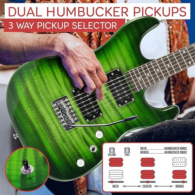 Guitarra Eléctrica con Amplificador, Madera Maciza, Incluye Accesorios Ideal para Principiantes, Tamaño Completo, Humbucker, 3 Vías, Rojo Madera