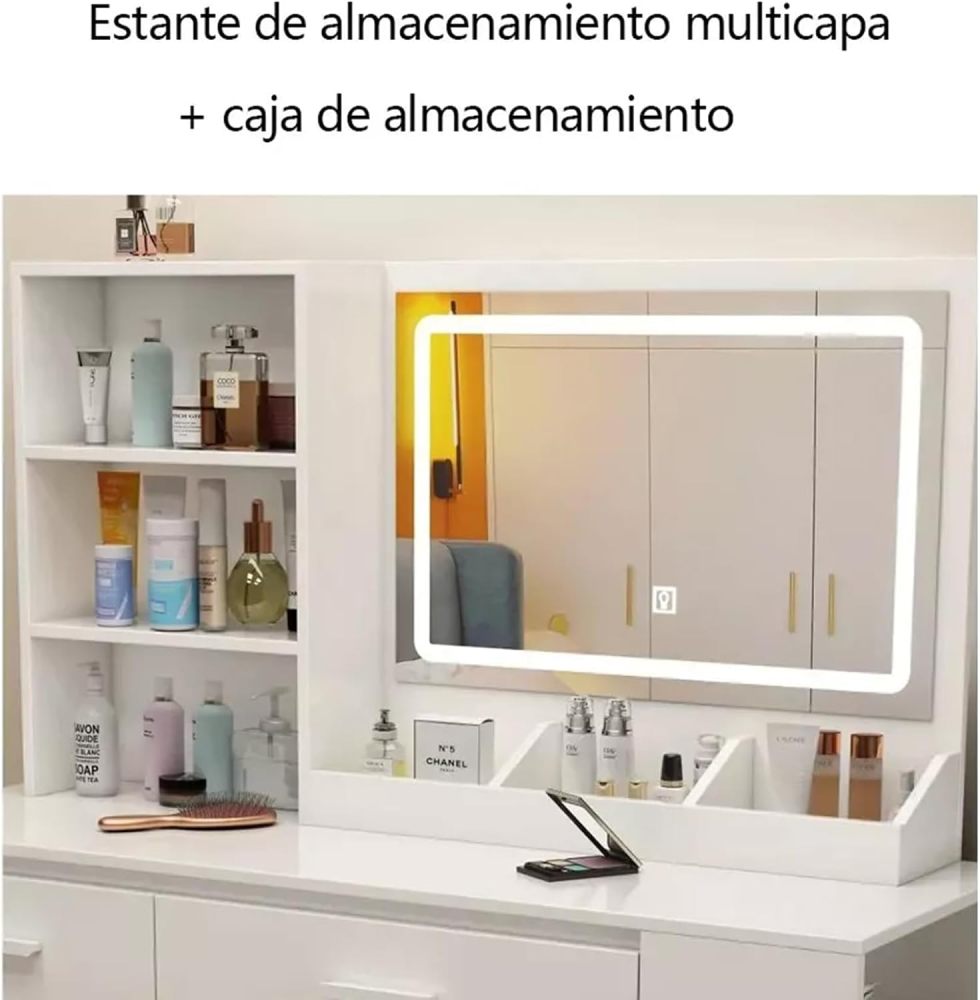 Tocador, tocador con espejo iluminado, 2 cajones, mueble RGB, 100x40x132cm (marrón claro)