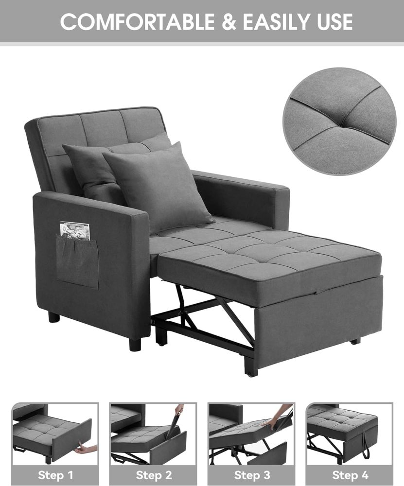 [Actualizado] Silla convertible, cama 3 en 1, respaldo ajustable sin escalón, sillón, sofá, cama, forro polar, gris oscuro, uno individual