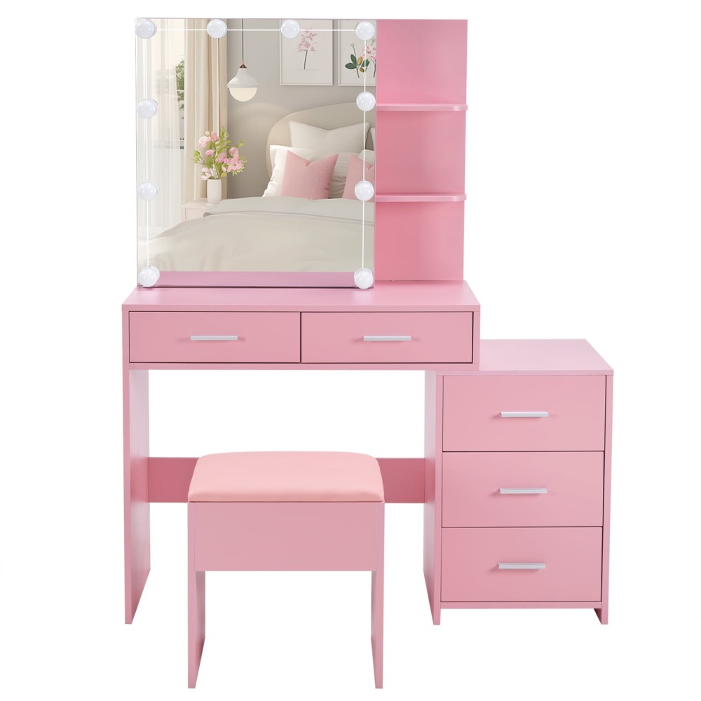 Mesa de Vanity con Luces LED - Espejo Ajustable - Ideal para Maquillaje Profesional - Color Rosa
