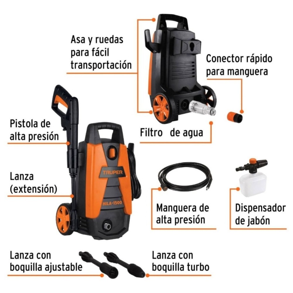 Hidrolavadora portátil Truper 1500 PSI + manguera 10m conectores click