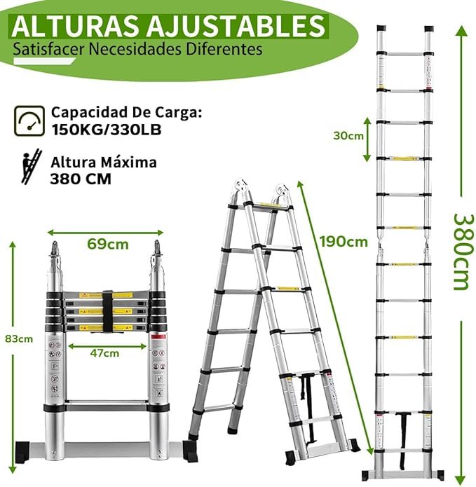 Escalera Telescopica De Aluminio 3.8M Escalera De Tijera A Marco 12.5 Pies Escalera Multiposición Retractil Portátil con Barra Estabilizadora, 330 Lbs De Capacidad