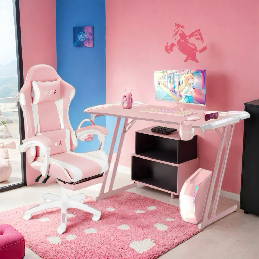 Set Silla Gamer Con Reposapiés y Escritorio Gamer T-RGB 120cm Negro
