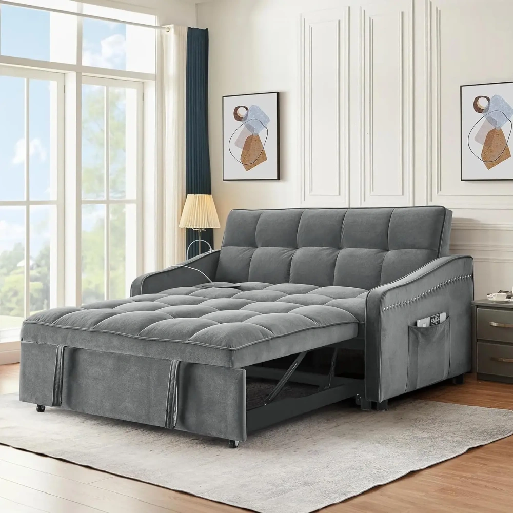 Sofá cama 3 en 1 con puerto USB y tipo C, sofá de dos plazas de 52" con cama extraíble