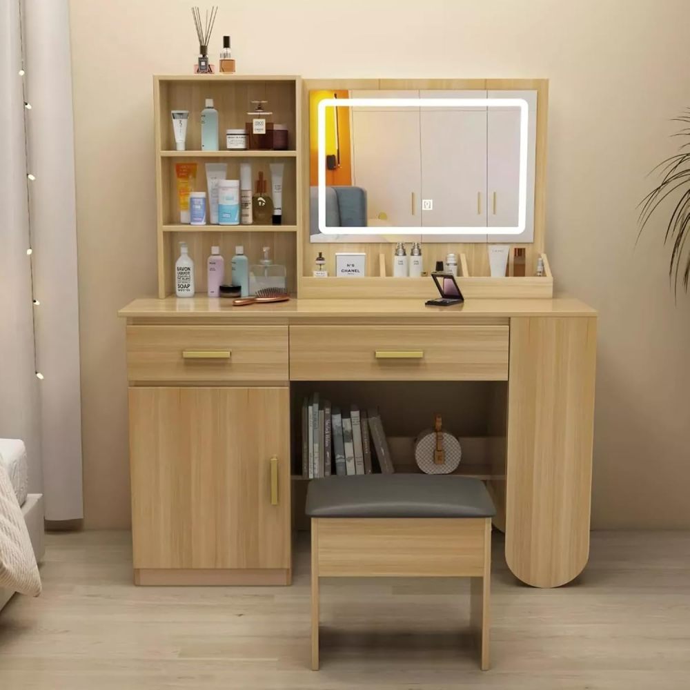 Tocador, tocador con espejo iluminado, 2 cajones, mueble RGB, 100x40x132cm (marrón claro)