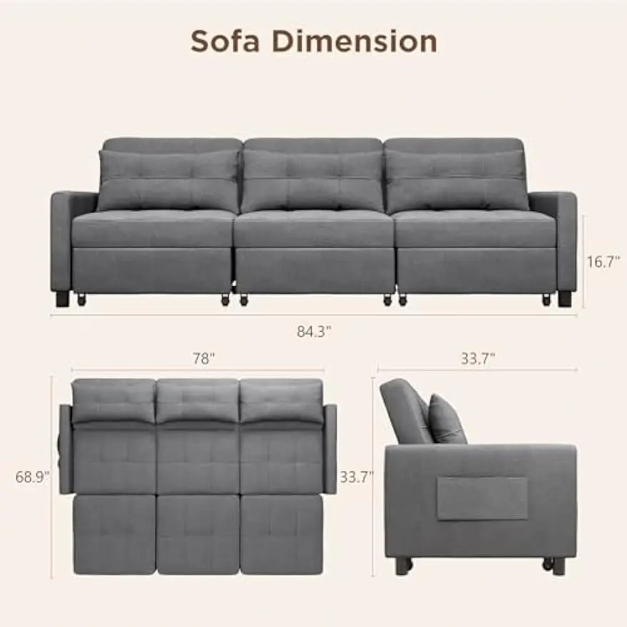 Sofá cama convertible seccional, sofá cama con bolsillo, sofá cama extraíble de 84"