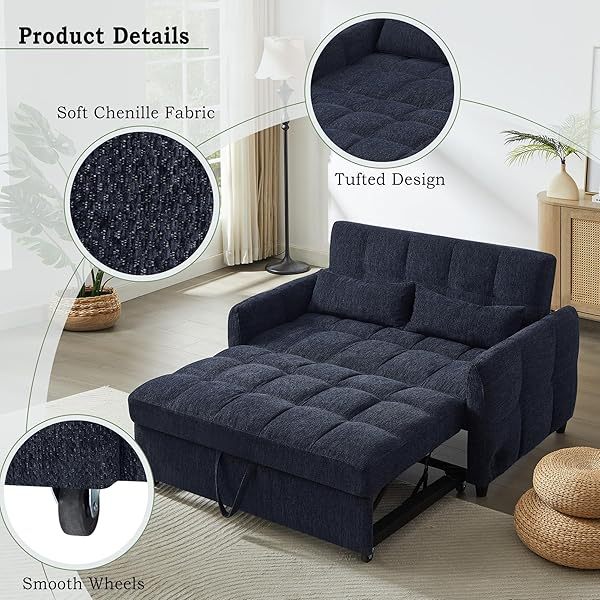 Sofá cama convertible de 52,8" con dos plazas, sofá cama capitoné 3 en 1