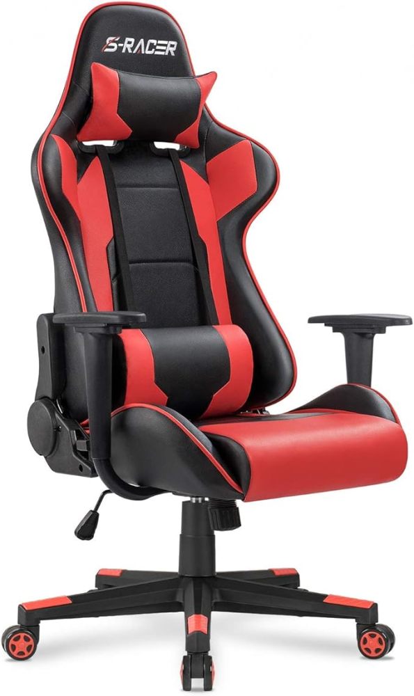 Silla estilo oficina para juegos con respaldo alto, de cuero sintético, silla de computadora de escritorio, estilo de carrera, ejecutiva, ergonómica y ajustable, giratoria, con reposacabezas y apoyo lumbar