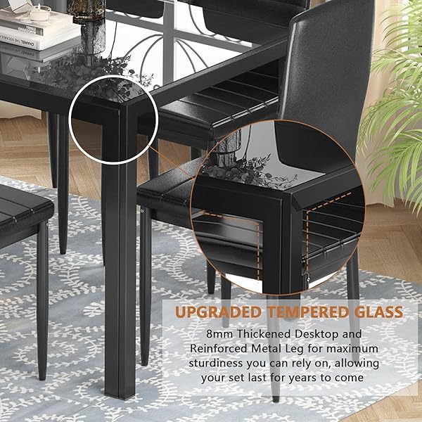 Comedor moderno de 7 piezas para 6 personas, mesa de vidrio templado y sillas de cuero sintético