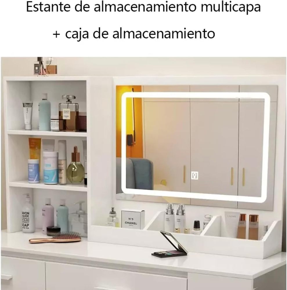 Tocador, tocador con espejo iluminado, 2 cajones, mueble RGB, 100x40x132cm (marrón claro)