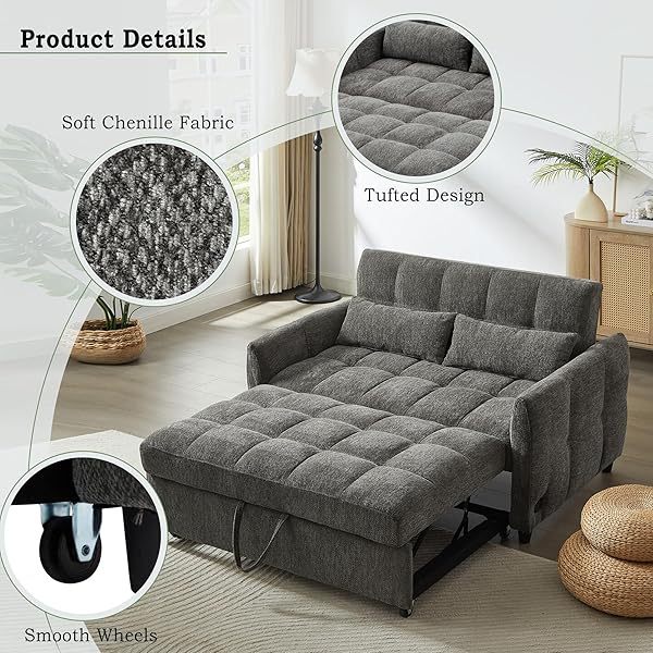 Sofá cama convertible de 52,8" con dos plazas, sofá cama capitoné 3 en 1