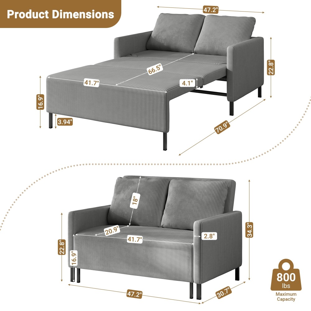 Sofá Cama Convertible de Chenille, Loveseat para 2 Personas con Brazos Modernos