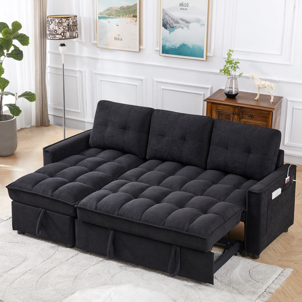 Sofá cama convertible, sofá cama seccional con chaise longue con espacio de almacenaje, sofá en forma de L para sala de estar, chenilla gris claro