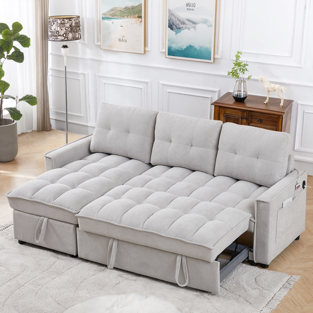 Sofá cama convertible, sofá cama seccional con chaise longue con espacio de almacenaje, sofá en forma de L para sala de estar, chenilla gris claro