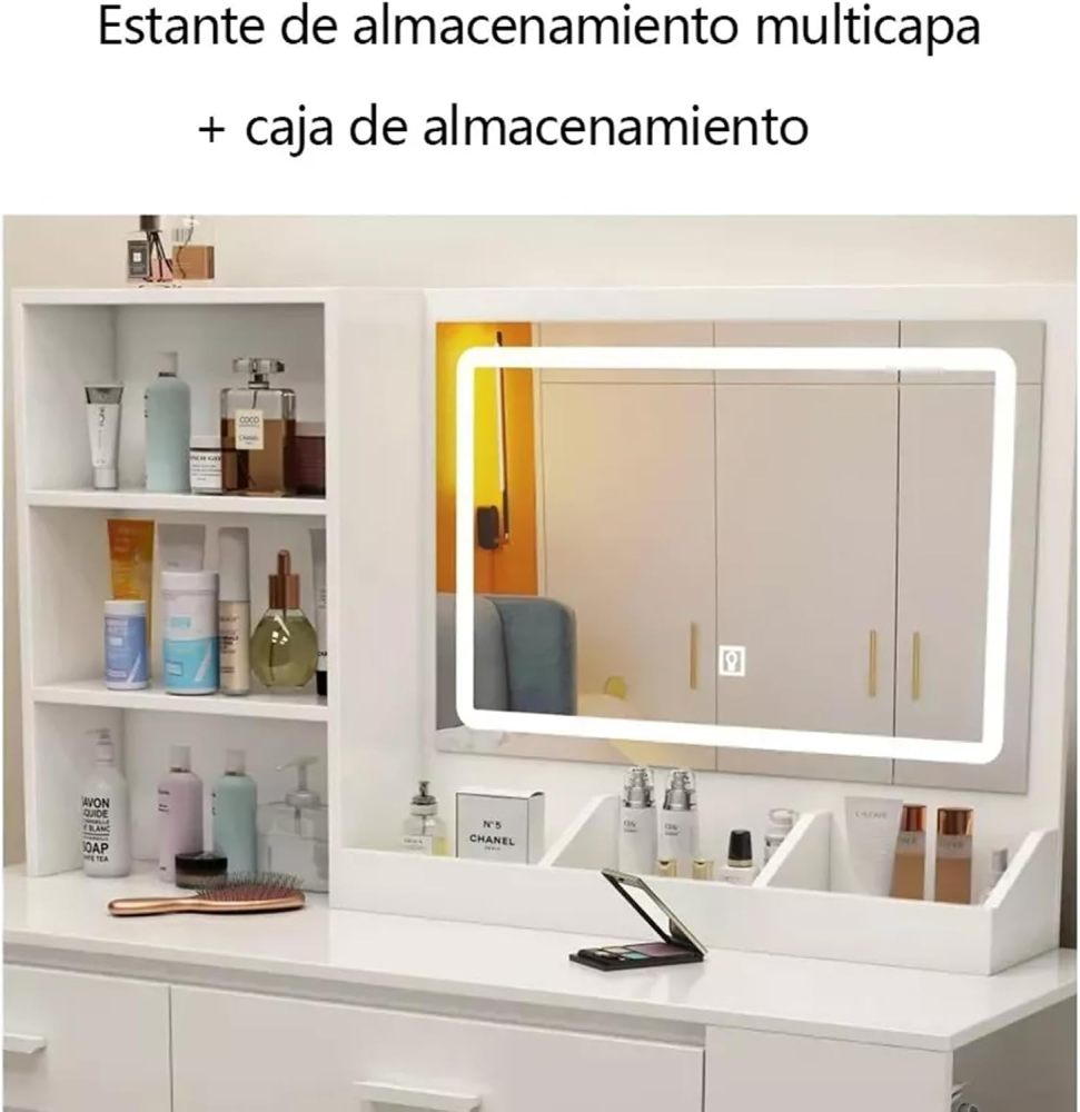 Tocador, tocador con espejo iluminado, 2 cajones, mueble RGB, 100x40x132cm (marrón claro)