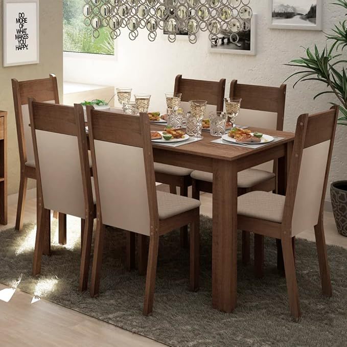 Conjunto Comedor, Mesa Tapa de Madera con 6 Sillas Jaíne - Marrón/Creme