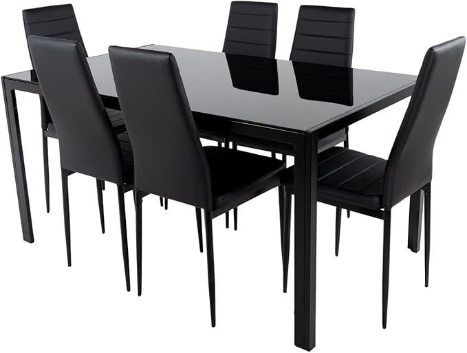 Juego Set Comedor De 7 Piezas - Mesa Vidrio Templado 6 Sillas Acolchadas - Estructura Metálica - Negro