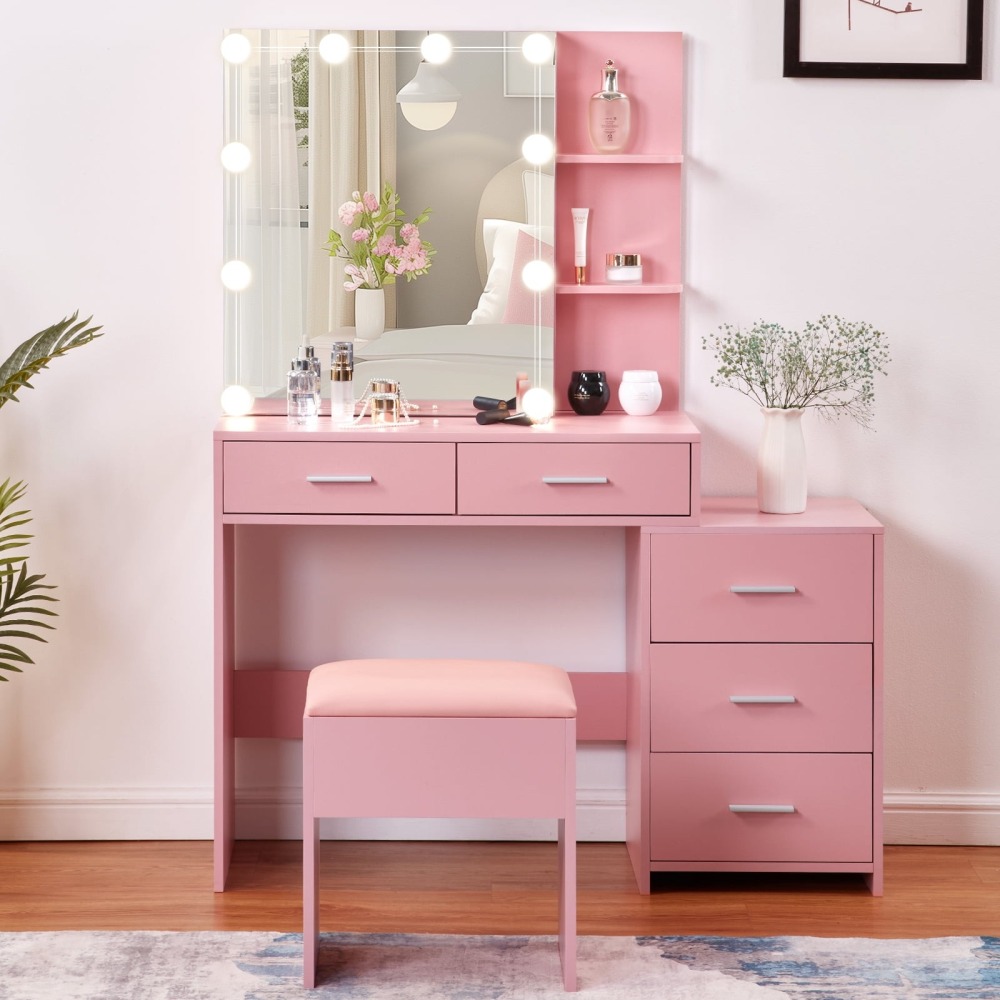 Mesa de Vanity con Luces LED - Espejo Ajustable - Ideal para Maquillaje Profesional - Color Rosa