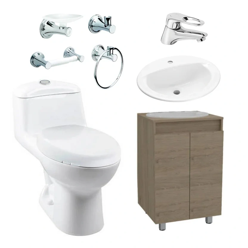 Combo Smart: Sanitario Smart Redondo Blanco De Una Pieza + Mueble Esencial A Piso De 55 Cm, Con Lavamanos + Grifería  + Accesorios  4 Piezas