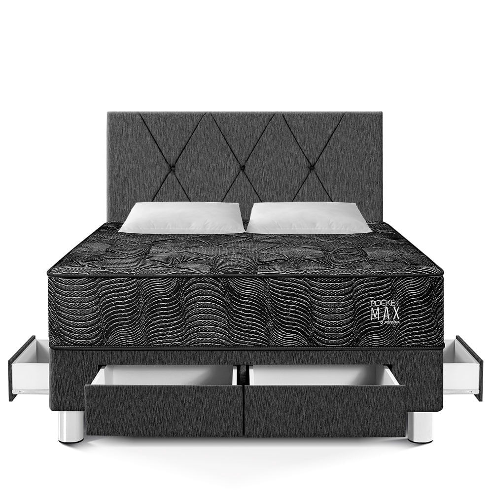Dormitorio Pocket Max Black 2 Plazas Con Cajones + Respaldo Charcoal