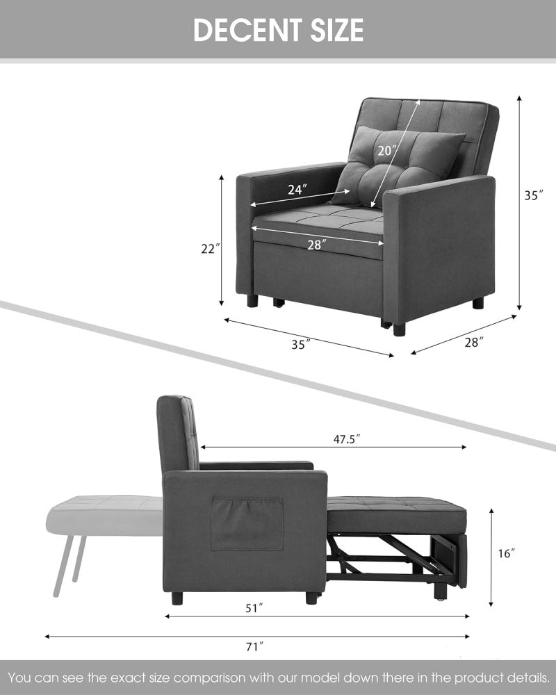 [Actualizado] Silla convertible, cama 3 en 1, respaldo ajustable sin escalón, sillón, sofá, cama, forro polar, gris oscuro, uno individual