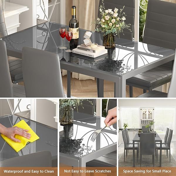 Comedor moderno de 7 piezas para 6 personas, mesa de vidrio templado y sillas de cuero sintético