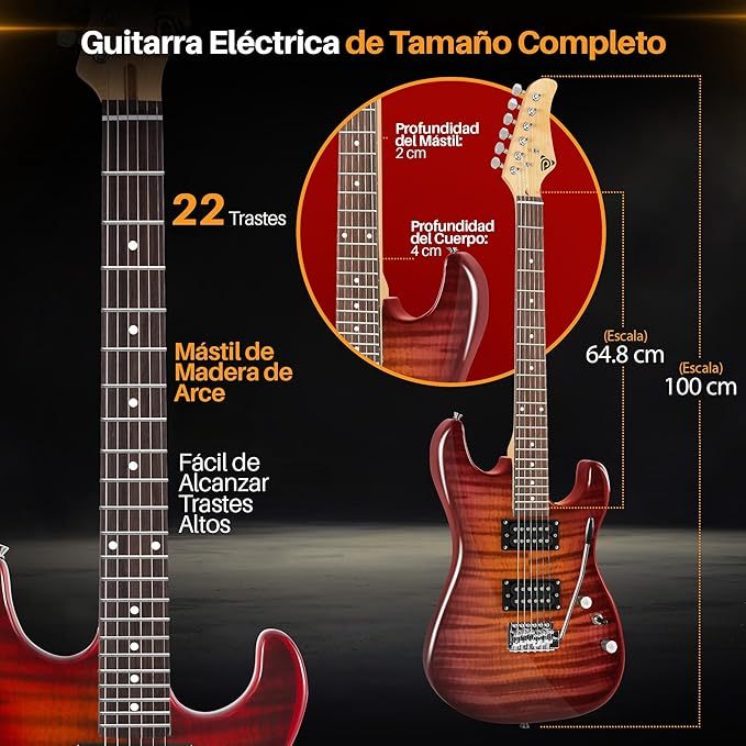 Guitarra Eléctrica con Amplificador, Madera Maciza, Incluye Accesorios Ideal para Principiantes, Tamaño Completo, Humbucker, 3 Vías, Rojo Madera