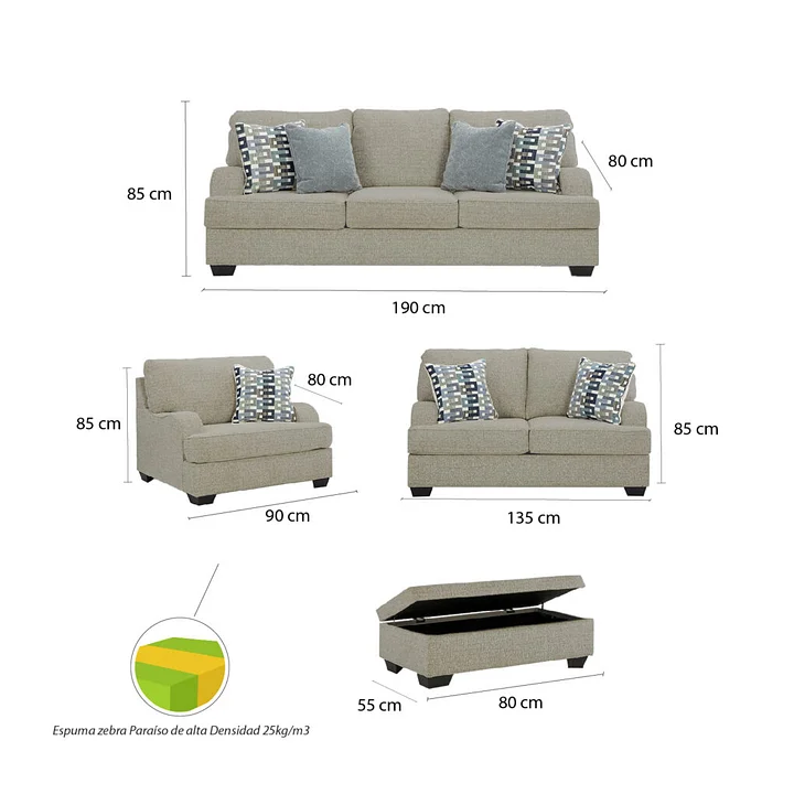 Juego de sala 3-2-1 + Banqueta baúl de regalo Irem Gris plata