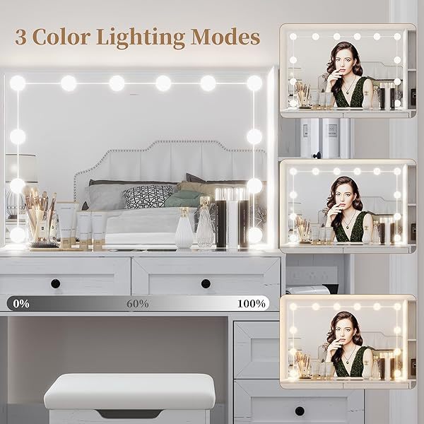 Espejo estilo granja, tocador grande con bombillas LED, juego de tocador para maquillaje
