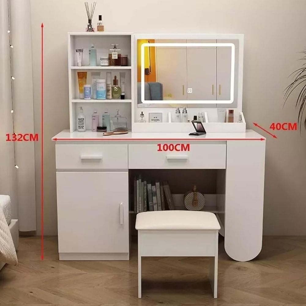 Tocador, tocador con espejo iluminado, 2 cajones, mueble RGB, 100x40x132cm (marrón claro)