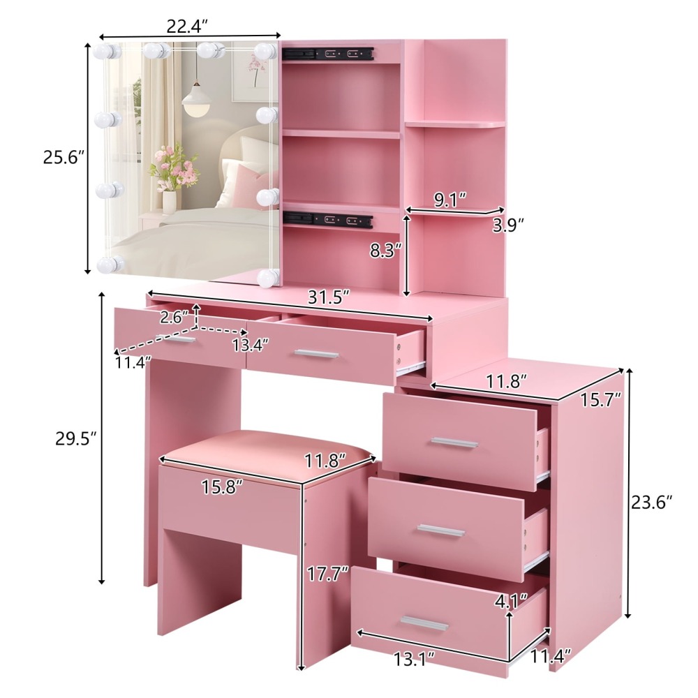 Mesa de Vanity con Luces LED - Espejo Ajustable - Ideal para Maquillaje Profesional - Color Rosa